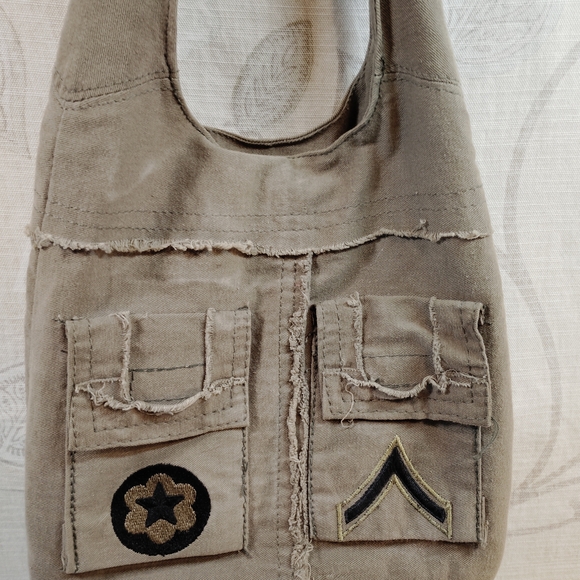 Army Green Shoulder Bag with Patches - Picture 2 of 4